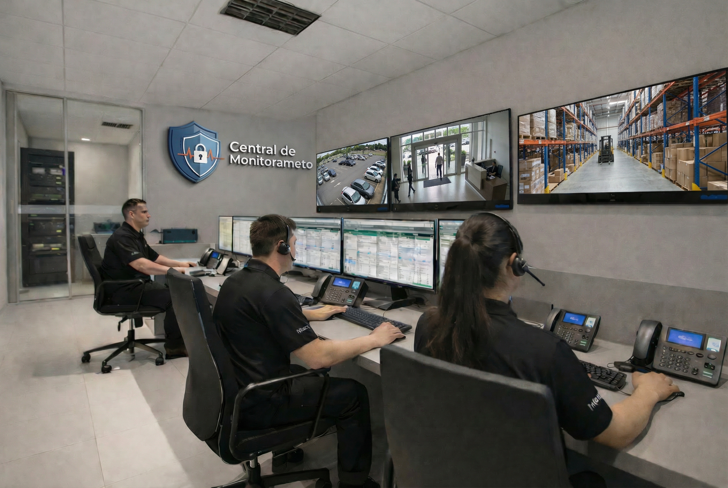 Central de Monitoramento WS Police com operadores e múltiplas câmeras