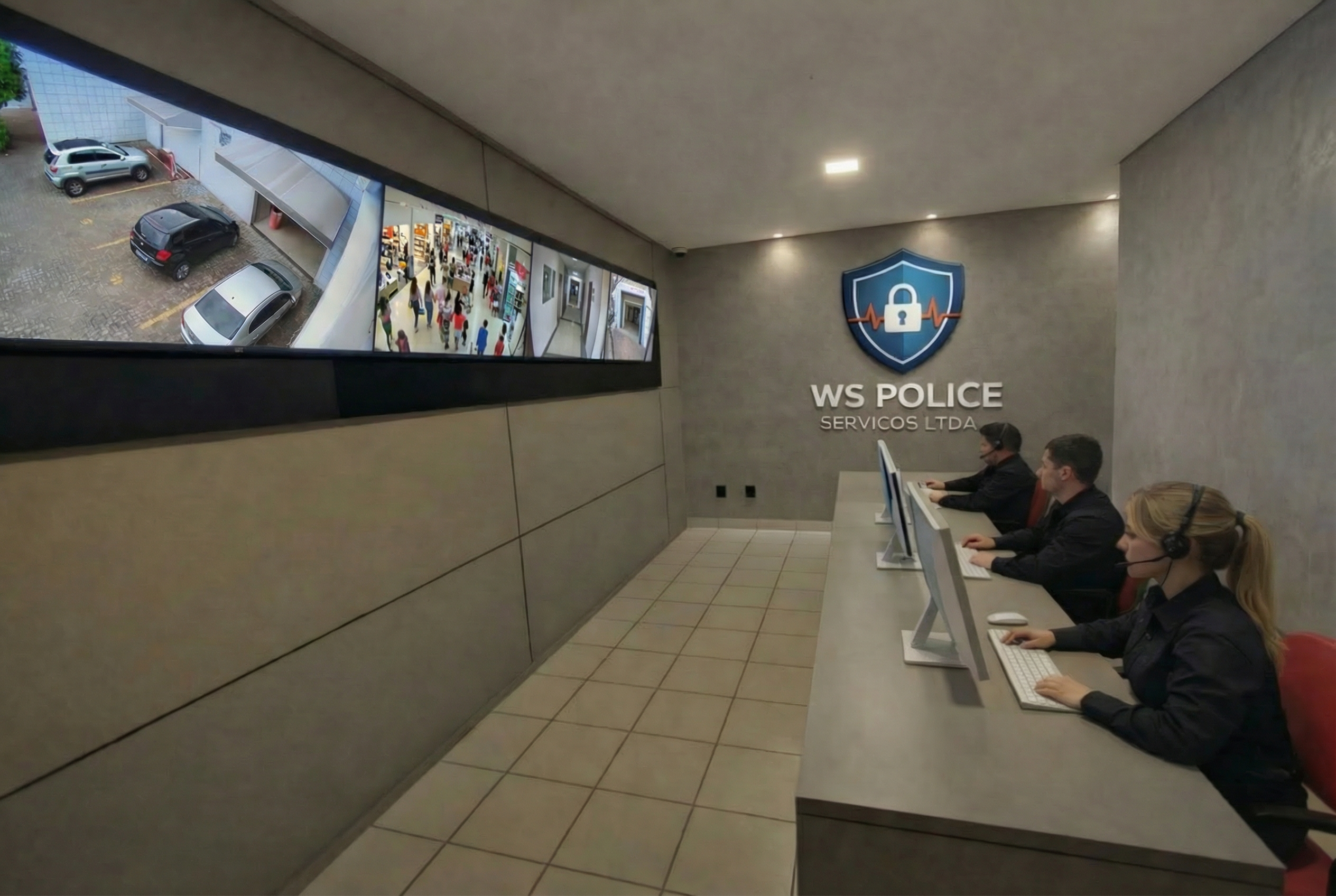 Videowall da Central de Monitoramento WS Police com múltiplos feeds de câmeras